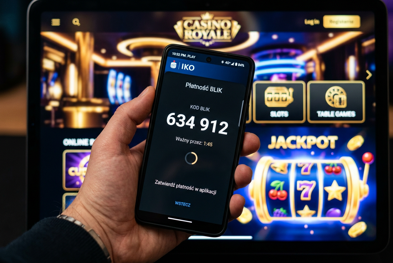 Smartphone displaying a 6-digit BLIK code in a banking app with a blurred online casino background