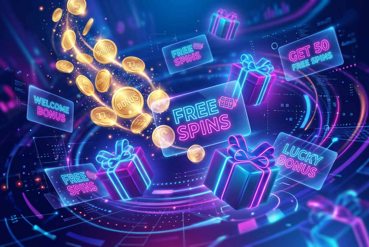 Wizualizacja bonusów kasynowych i darmowych spinów na nowoczesnym tle