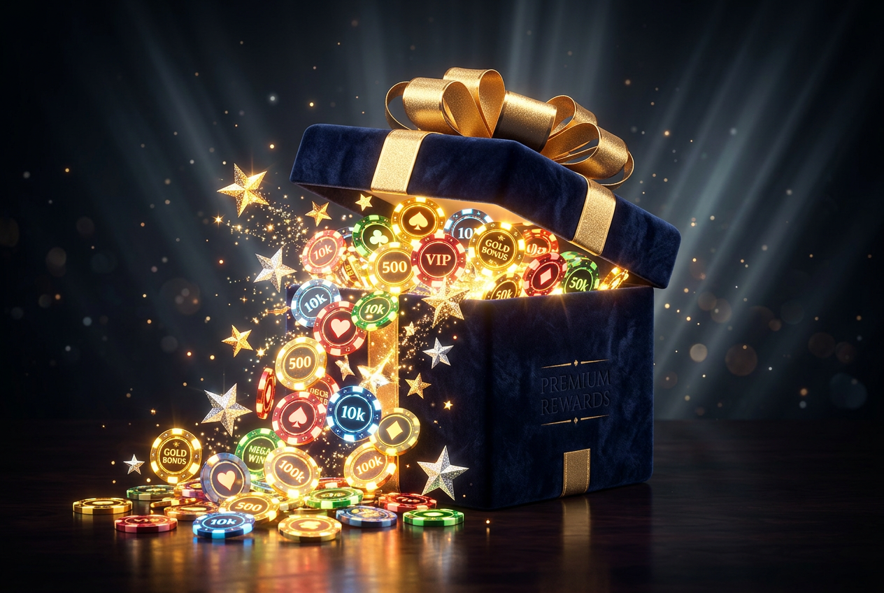 Pudełko z prezentem wypełnione żetonami i monetami symbolizujące bonusy