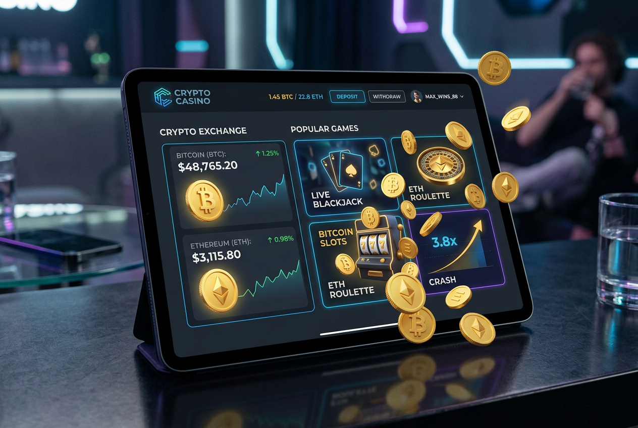 Nowoczesny interfejs krypto kasyna z widocznymi kursami walut cyfrowych Bitcoin i Ethereum