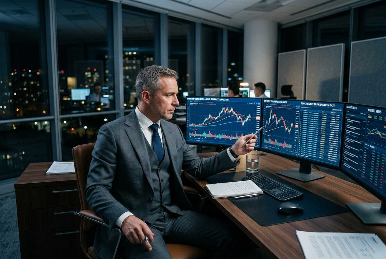 Ekspert Ad Valorem Advisors analizujący dane blockchain na wielu monitorach