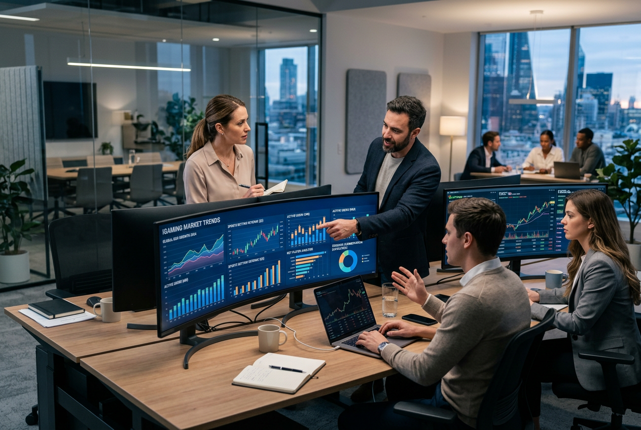 Professional financial analyst team analyzing online casino market data in a modern office