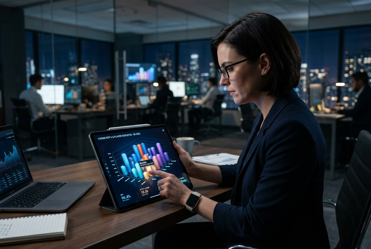 Ekspert analizujący dane statystyczne i parametry techniczne kasyn online na tablecie