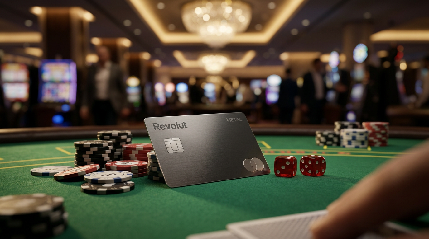 Karta Revolut Metal na stole w luksusowym kasynie online