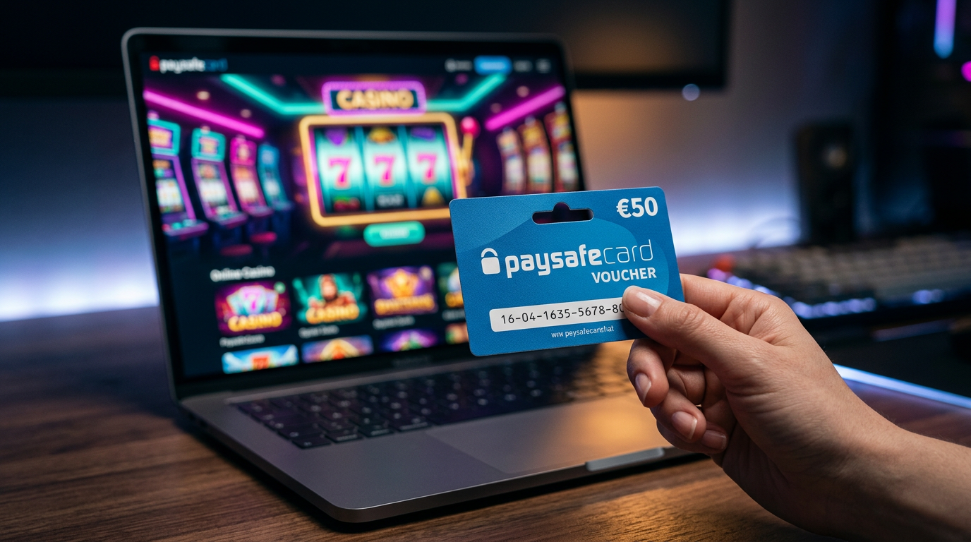 Voucher Paysafecard przed ekranem z grą w kasynie online
