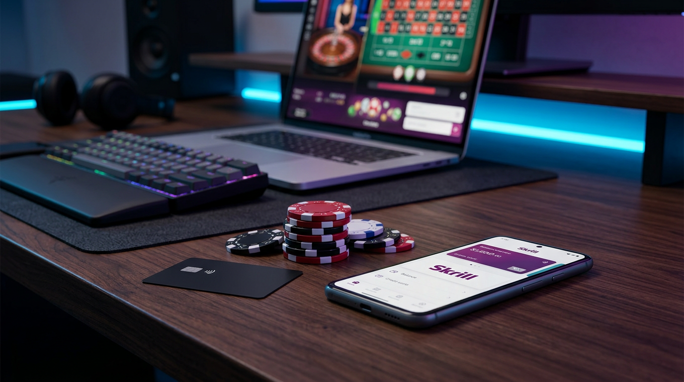 Smartfon z aplikacją Skrill i żetony kasynowe na biurku