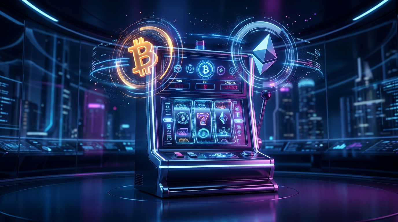 Nowoczesne krypto kasyno online z logotypami kryptowalut i neonowym oświetleniem