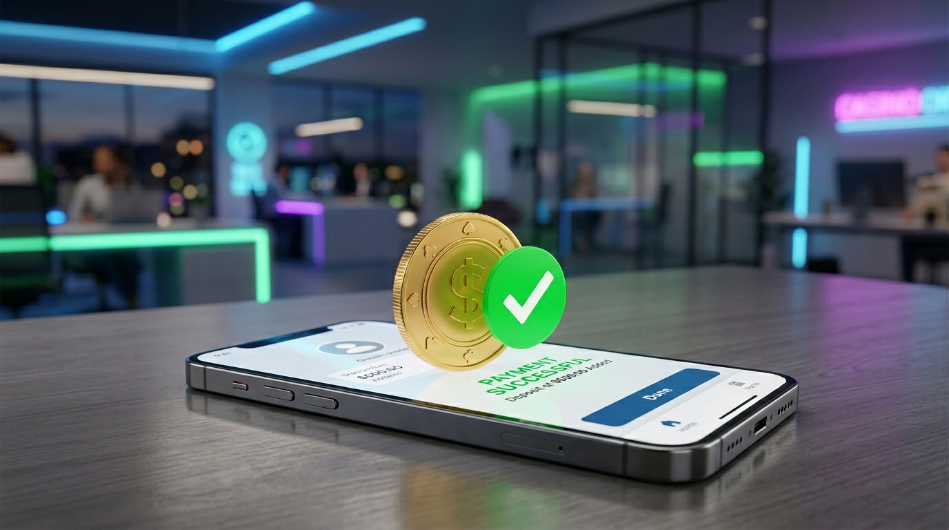 Modern smartphone showing a successful casino deposit confirmation via mobile payment.