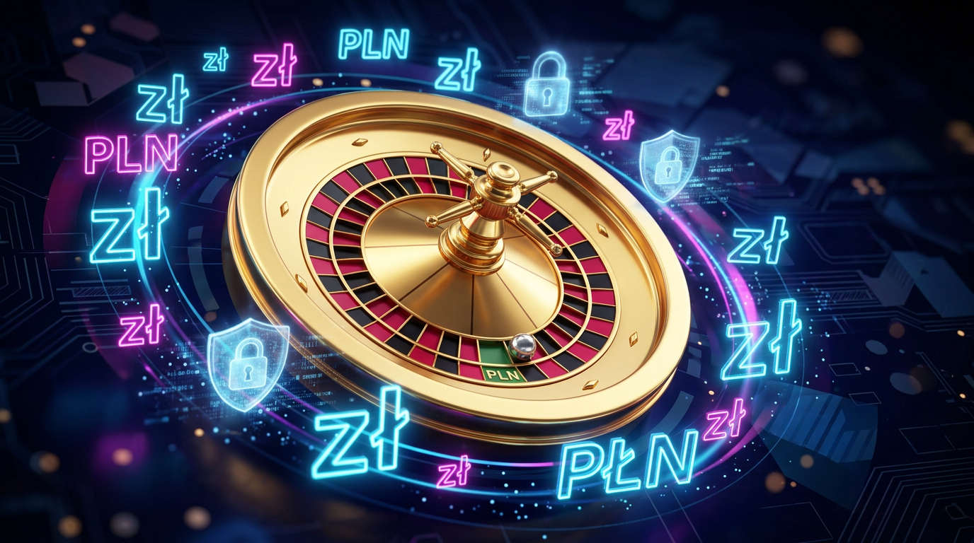 Ekskluzywna grafika prezentująca złotą ruletkę i symbole bezpieczeństwa w kontekście polskich kasyn online