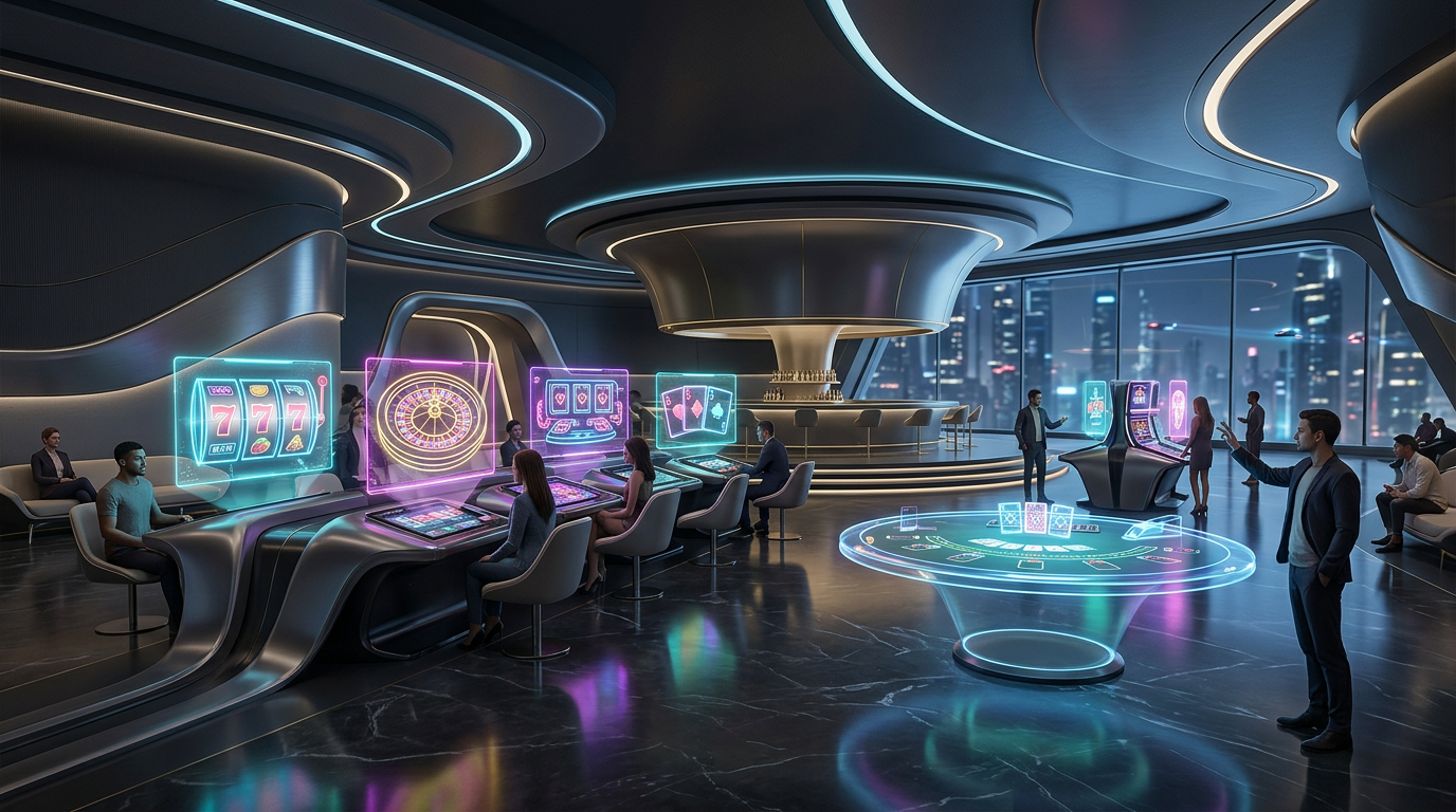 Futurystyczny interfejs nowego kasyna online 2026 z neonowym oświetleniem i cyfrowymi grami