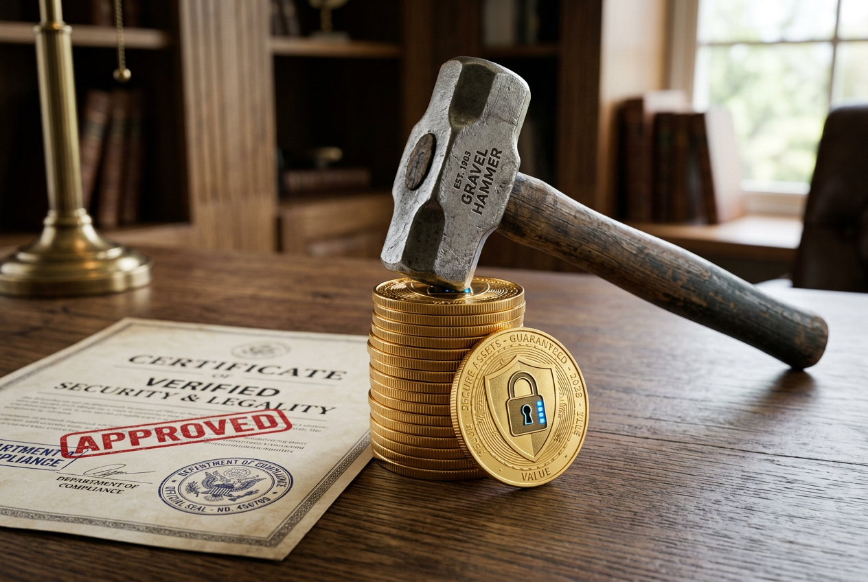 Młotek sędziowski na monetach symbolizujący aspekty prawne kasyn