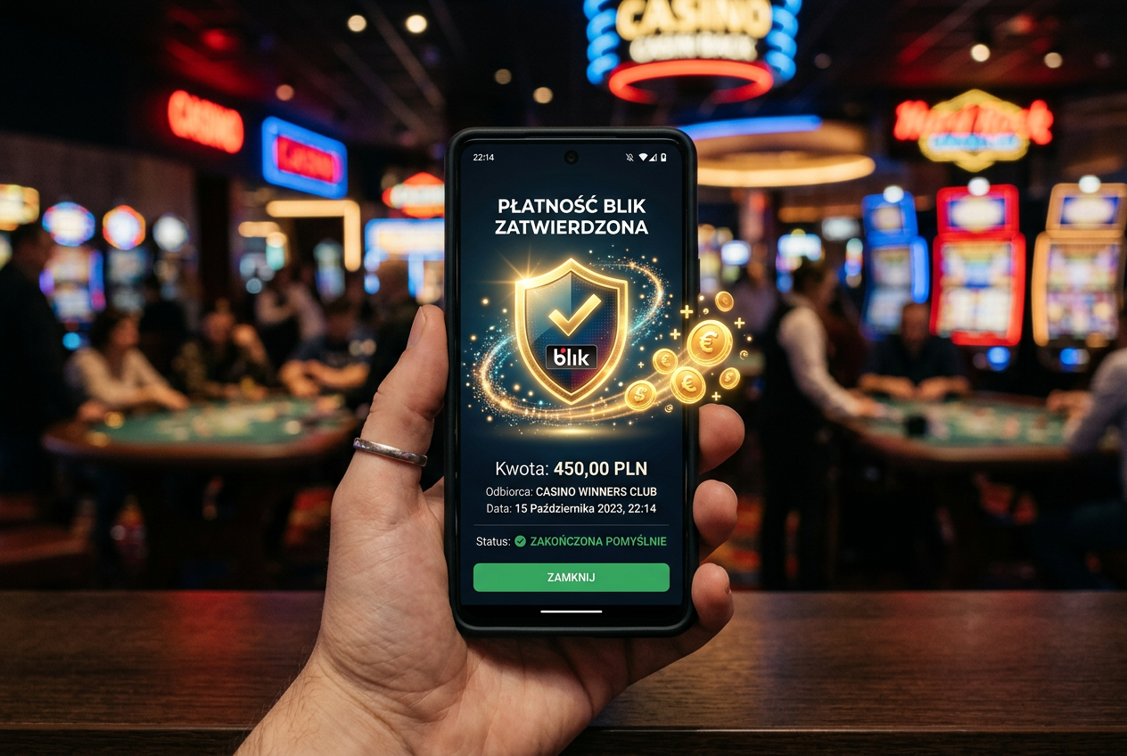 Grafika prezentująca nowoczesne metody płatności w kasynie online, w tym system BLIK i kryptowaluty
