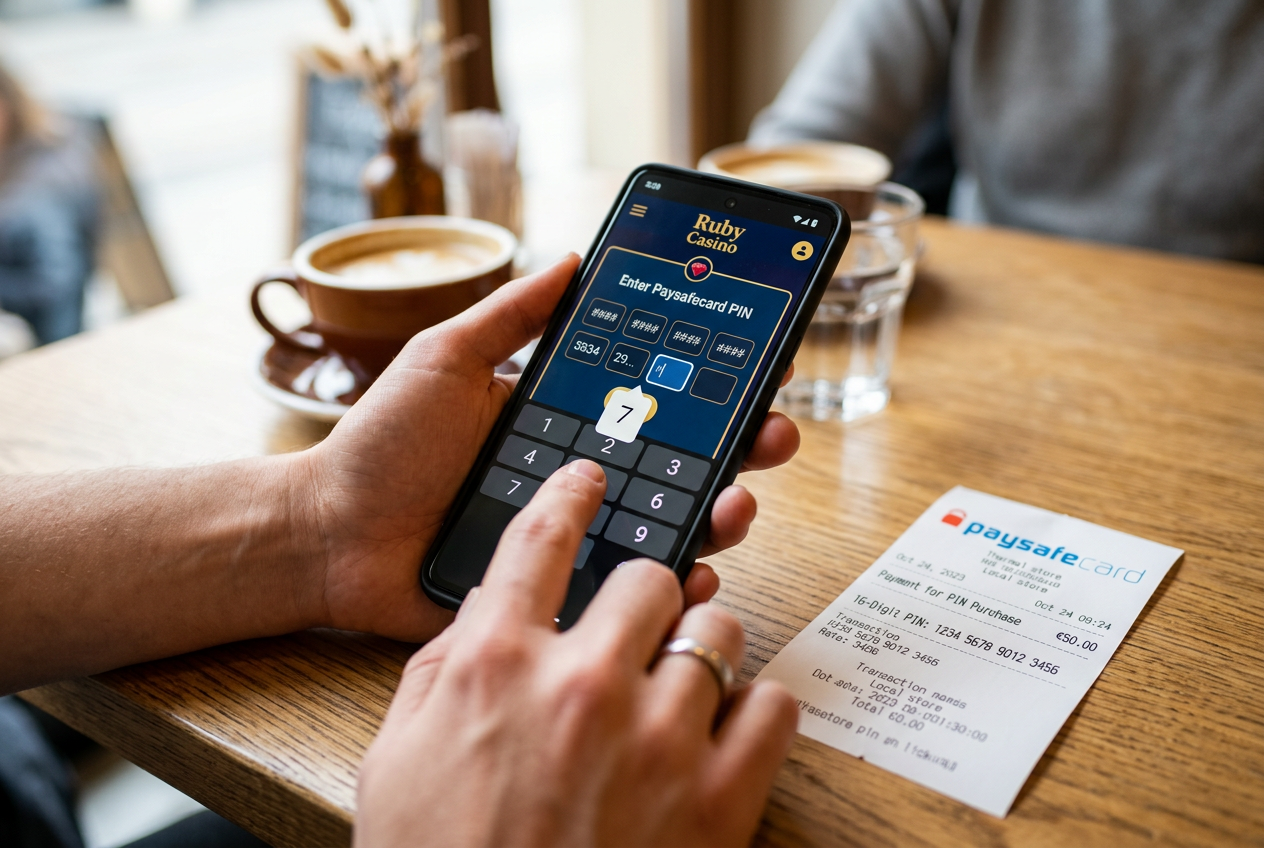 Osoba wpisująca kod Paysafecard na smartfonie w aplikacji kasyna online