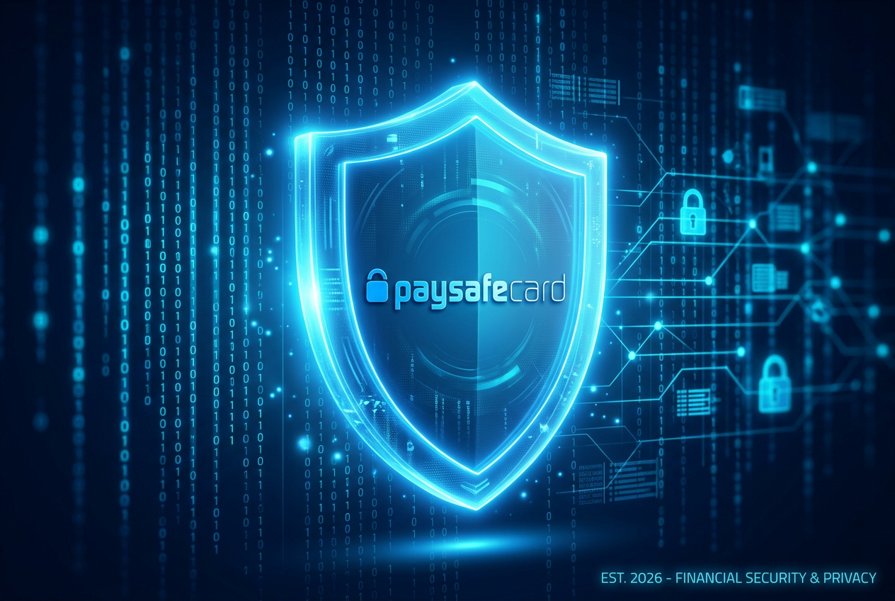 Cyfrowe tarcze bezpieczeństwa i logo Paysafecard symbolizujące bezpieczne płatności