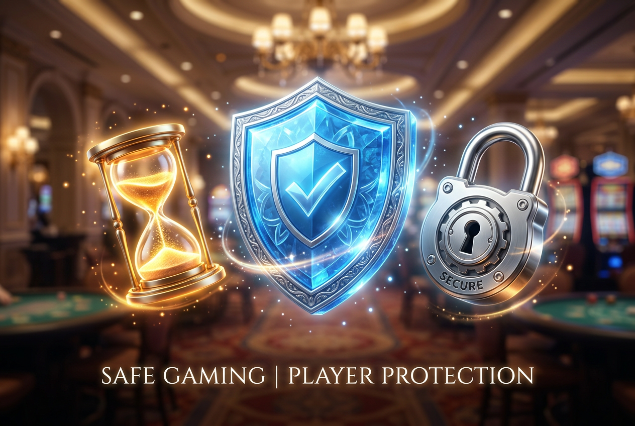 Ikony bezpiecznej gry: tarcza, kłódka i klepsydra na stonowanym tle kasyna