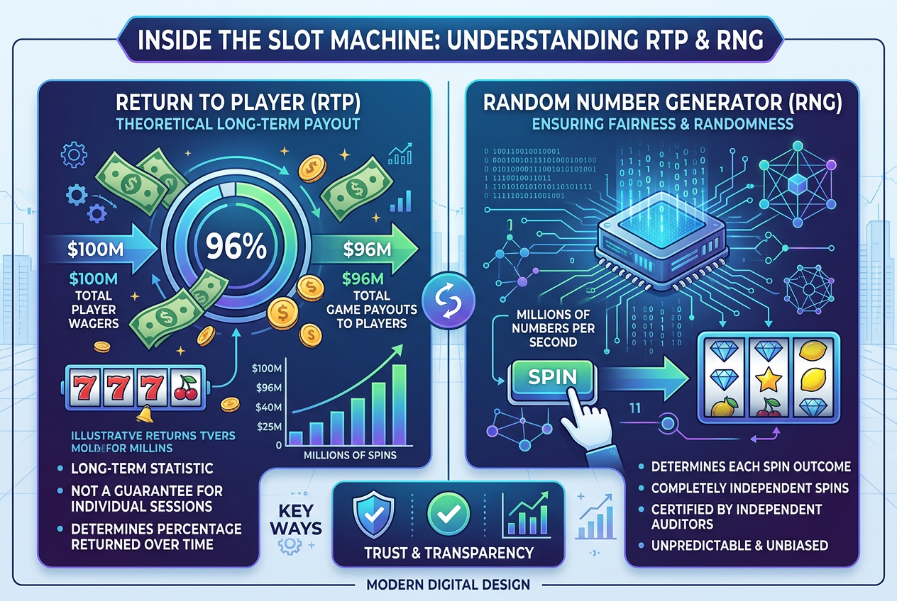 Infografika przedstawiająca mechanizm RTP i certyfikowany generator liczb losowych RNG w kasynie online