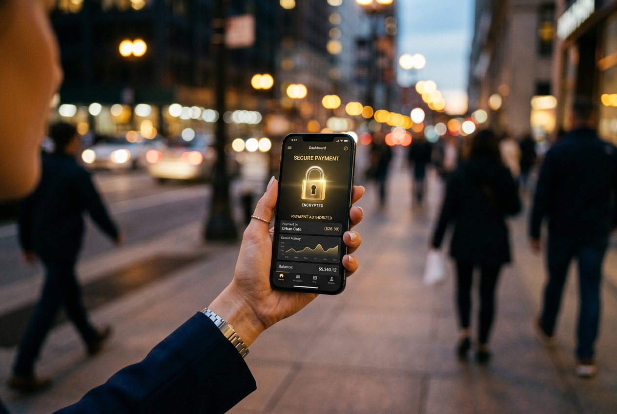 Bezpieczeństwo finansowe na smartfonie - symbol kłódki i dashboard płatności