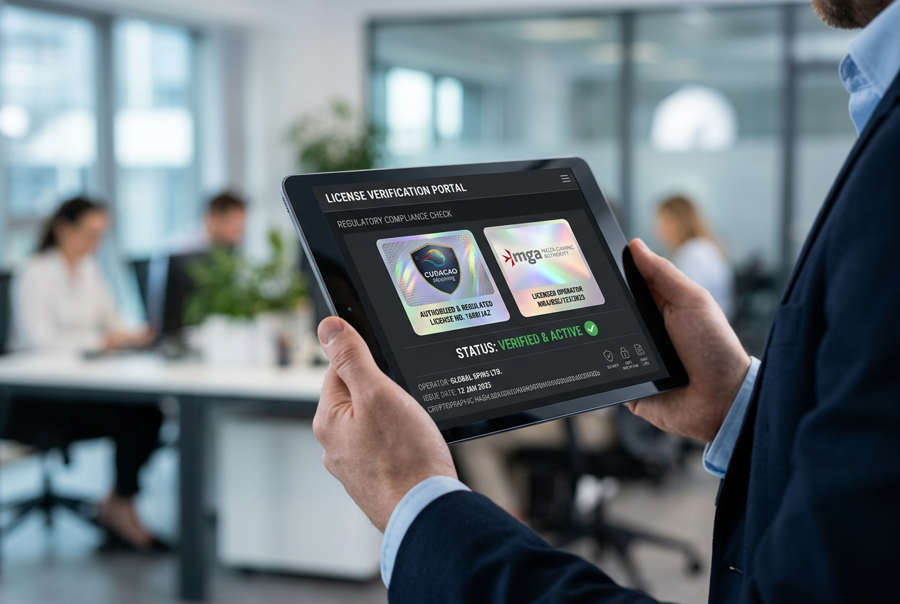 Ekspercka weryfikacja licencji kasyna online na tablecie z nowoczesnym interfejsem